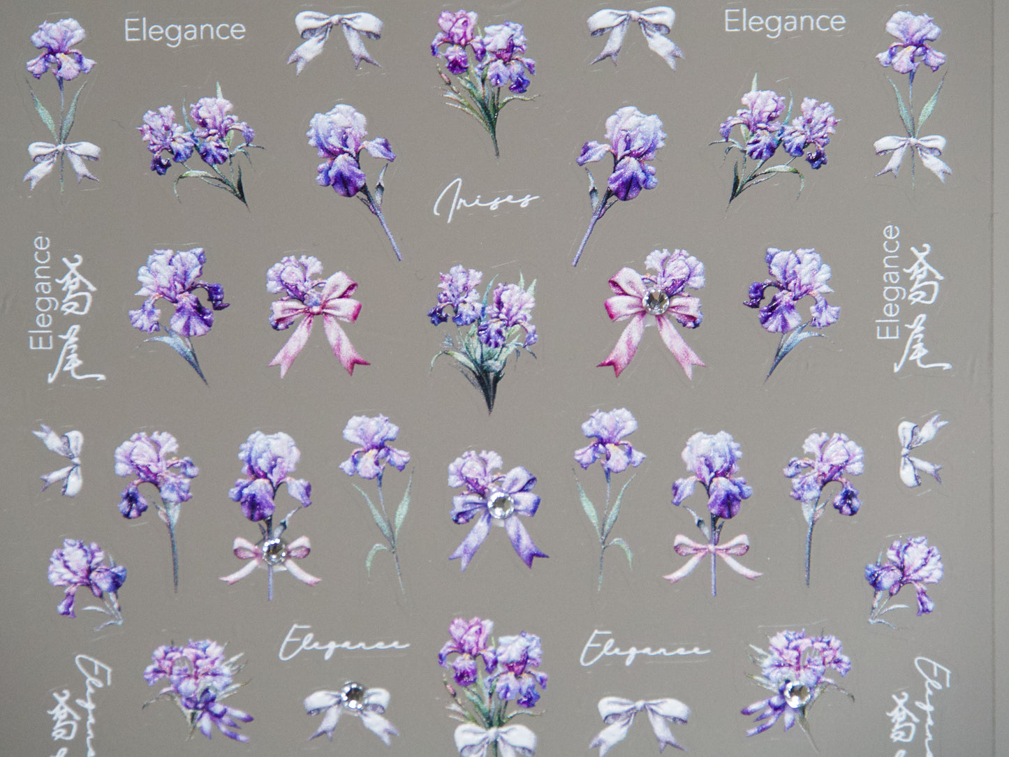 Iris Flower Bouquet Bow Tie Nail Art Sticker/ 3D Embossing with Rhinestone Decal Purple Iris Floral Garden Peel off Stencil Nail Stickers