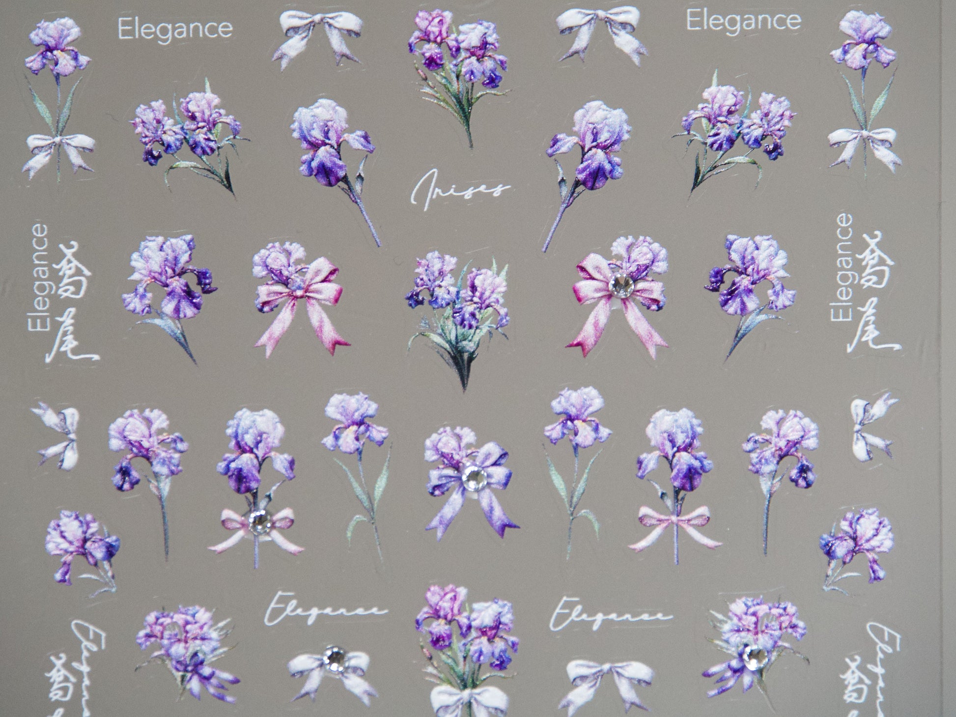Iris Flower Bouquet Bow Tie Nail Art Sticker/ 3D Embossing with Rhinestone Decal Purple Iris Floral Garden Peel off Stencil Nail Stickers