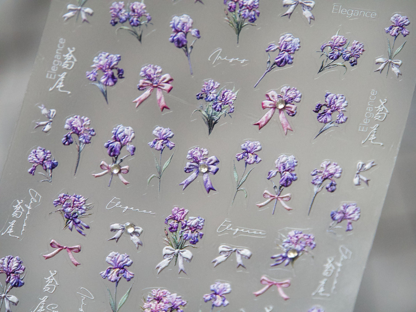 Iris Flower Bouquet Bow Tie Nail Art Sticker/ 3D Embossing with Rhinestone Decal Purple Iris Floral Garden Peel off Stencil Nail Stickers