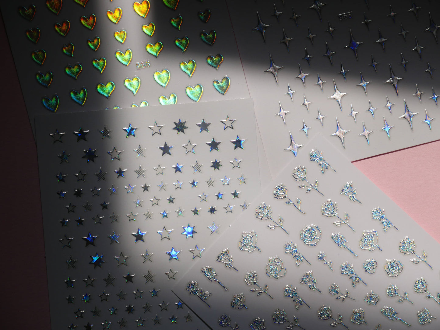 Holographic Silver Heart Star Rose Nail Stickers/ Iridescent Silver Reflective Peel off Sticker Decals/ Holiday Manicure Selection