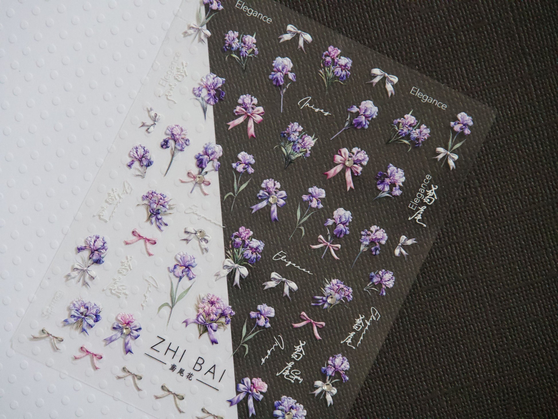Iris Flower Bouquet Bow Tie Nail Art Sticker/ 3D Embossing with Rhinestone Decal Purple Iris Floral Garden Peel off Stencil Nail Stickers