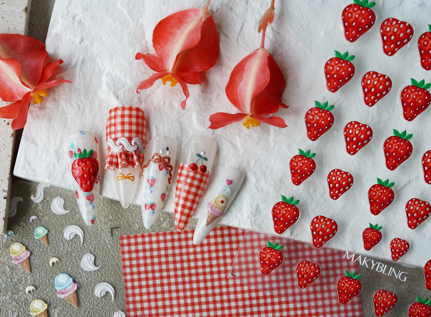 5D Strawberry Nail sticker/Ice-cream Red Grids 3D nail Cream Sweets Self Adhesive Decals Manicure