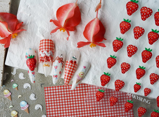 5D Strawberry Nail sticker/Ice-cream Red Grids 3D nail Cream Sweets Self Adhesive Decals Manicure