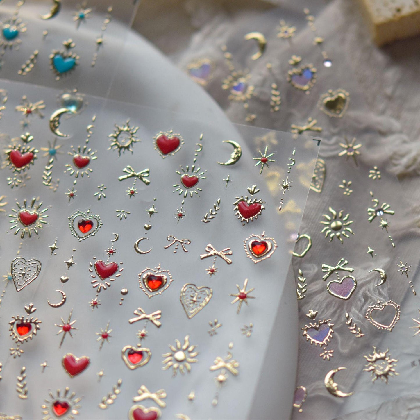 Gold 3D Heart Moon Nail Stickers: Embossed Spiritual Nail Art