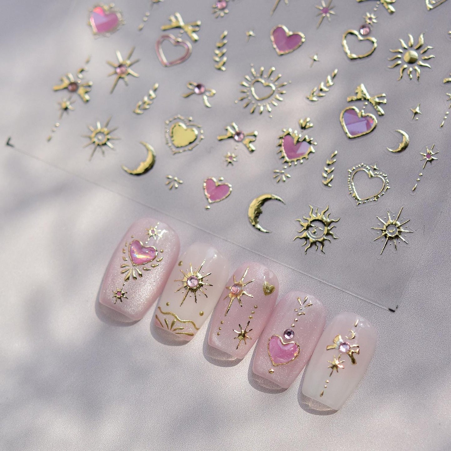 Gold 3D Heart Moon Nail Stickers: Embossed Spiritual Nail Art