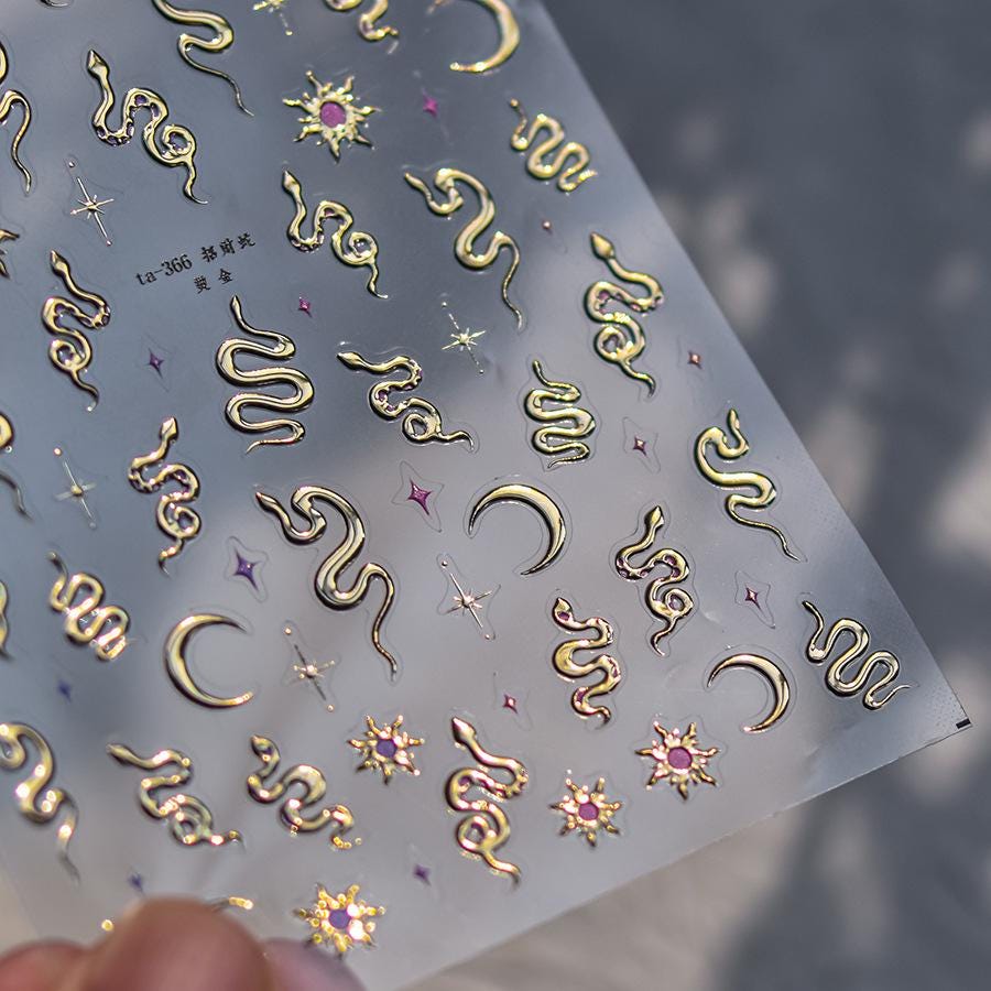 3D Snake Nail Stickers: Gold, Silver, Moon & Star Decals