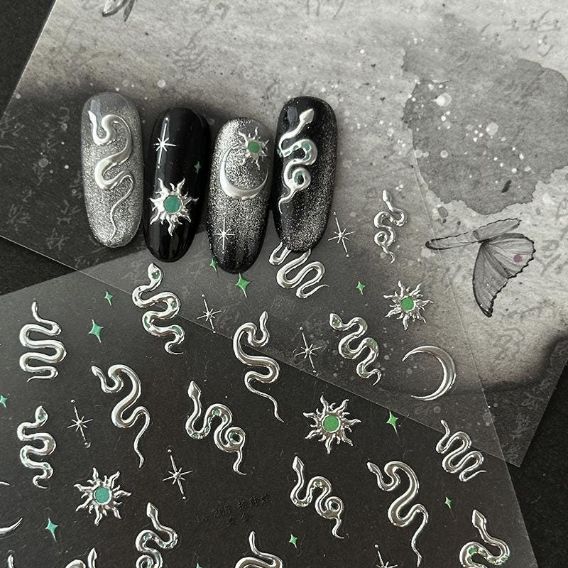 3D Snake Nail Stickers: Gold, Silver, Moon & Star Decals
