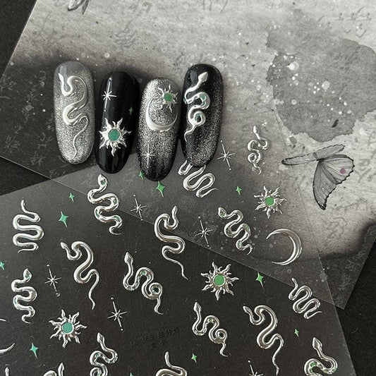 3D Snake Nail Stickers: Gold, Silver, Moon & Star Decals