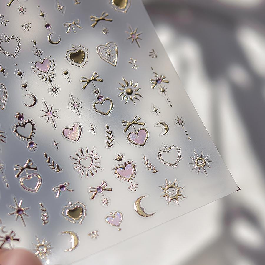 Gold 3D Heart Moon Nail Stickers: Embossed Spiritual Nail Art