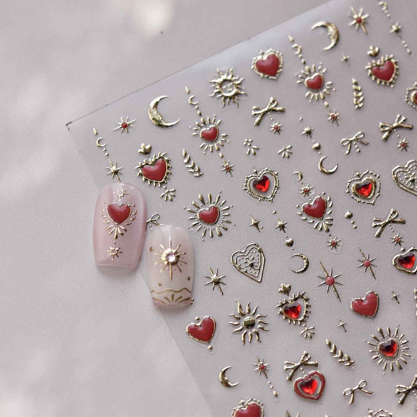 Gold 3D Heart Moon Nail Stickers: Embossed Spiritual Nail Art