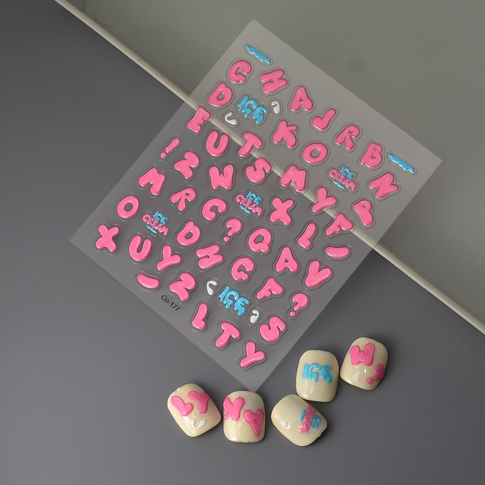 Pink Puffy 3D Letter Nail Stickers: Y2K Bubble Font Decals