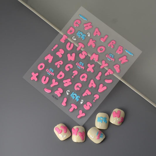 Pink Puffy 3D Letter Nail Stickers: Y2K Bubble Font Decals