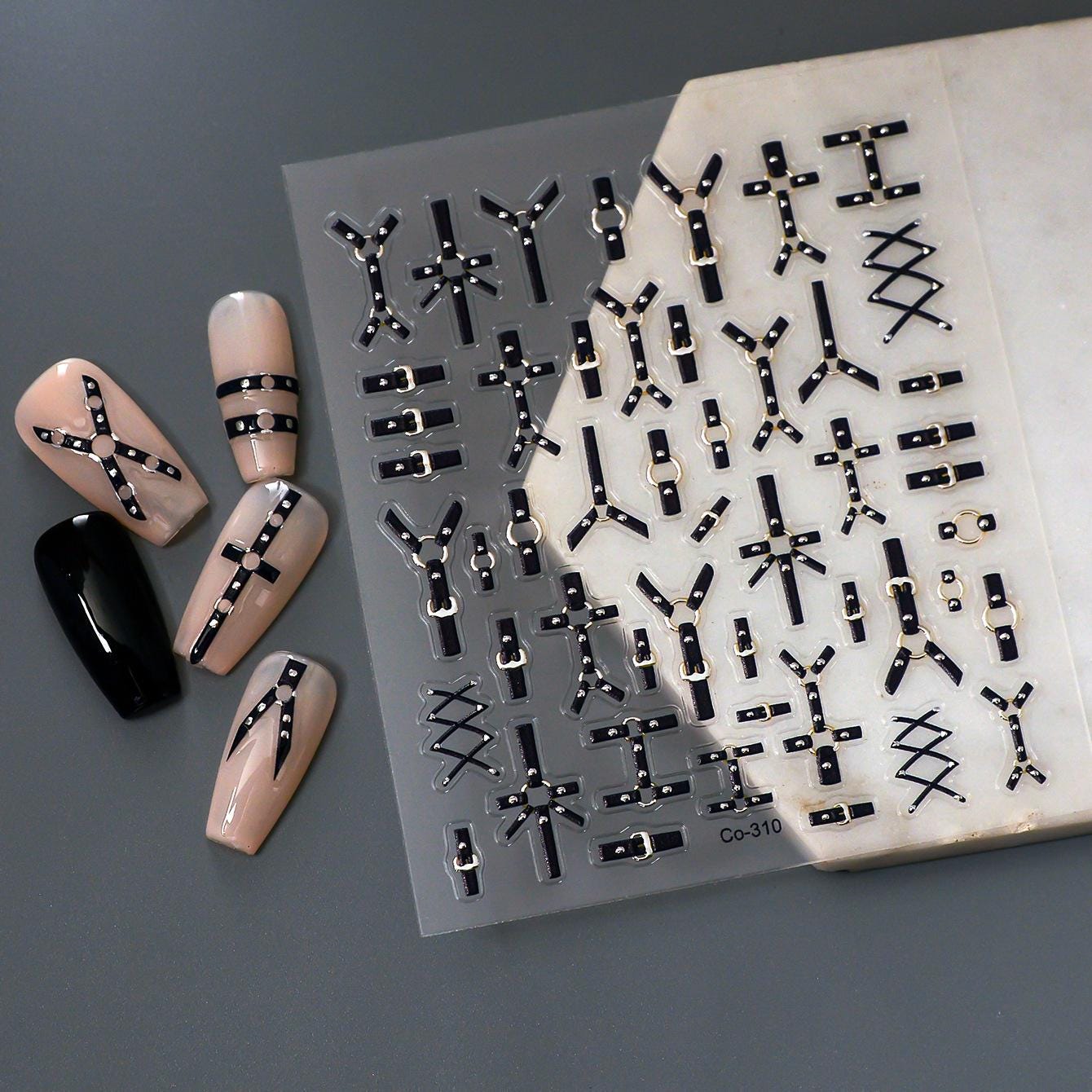 5D Silver Punk Nail Stickers: Gothic Chains & Crosses Foil Decals
