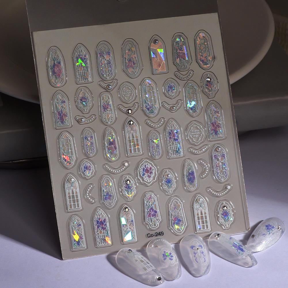 Iridescent Stained Glass Nail Art Stickers: Gothic Window Decals