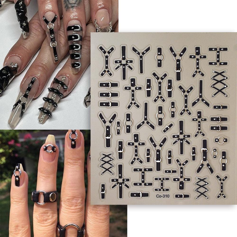 5D Silver Punk Nail Stickers: Gothic Chains & Crosses Foil Decals