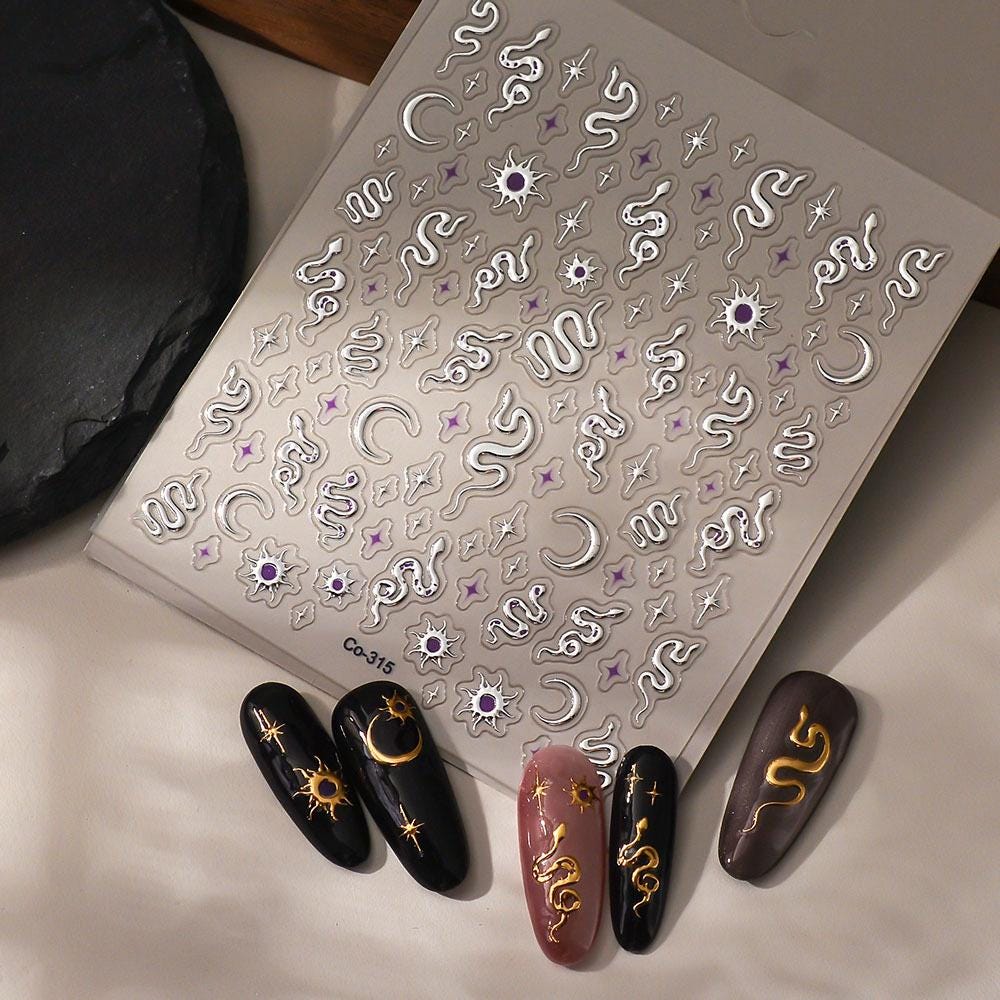 3D Snake Nail Stickers: Gold, Silver, Moon & Star Decals