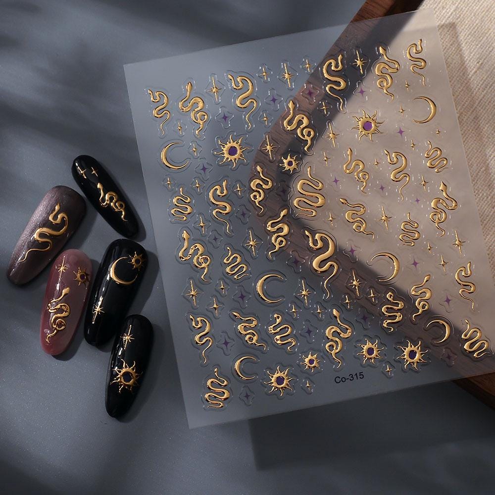 3D Snake Nail Stickers: Gold, Silver, Moon & Star Decals