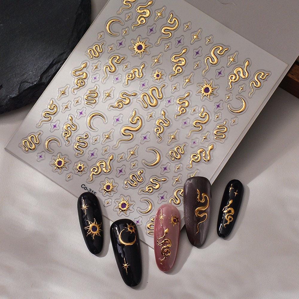 3D Snake Nail Stickers: Gold, Silver, Moon & Star Decals