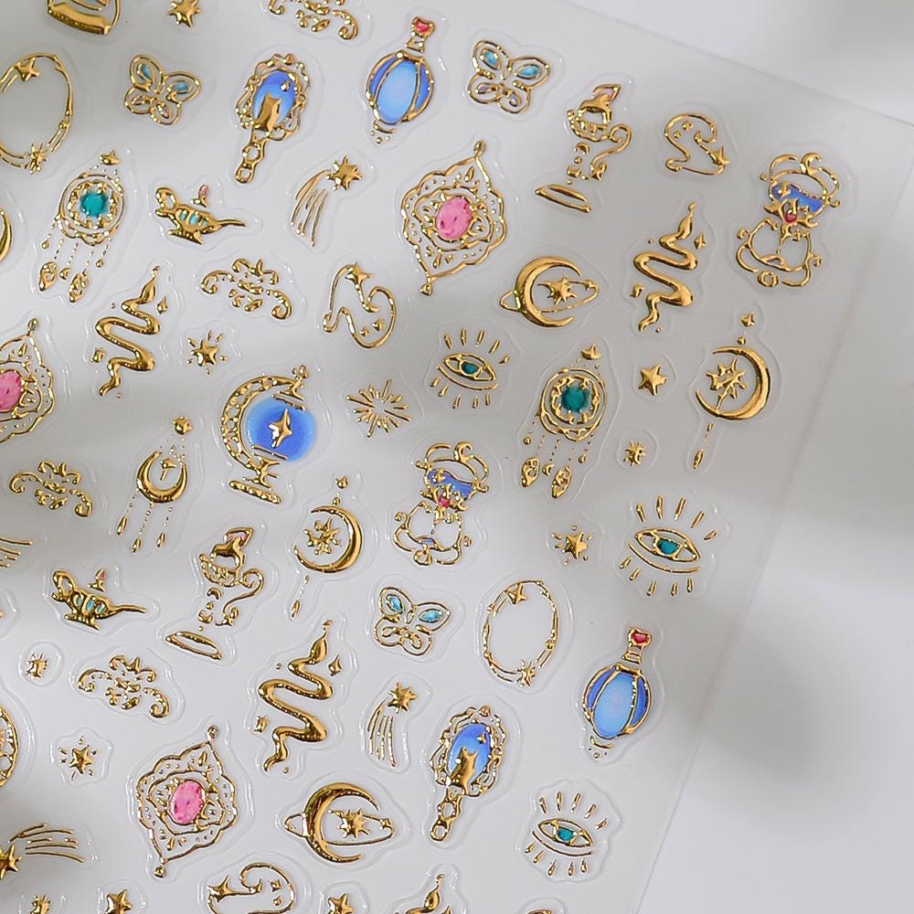 Mystic Gold & Silver Nail Art Stickers: Celestial Snake, Moon, Stars