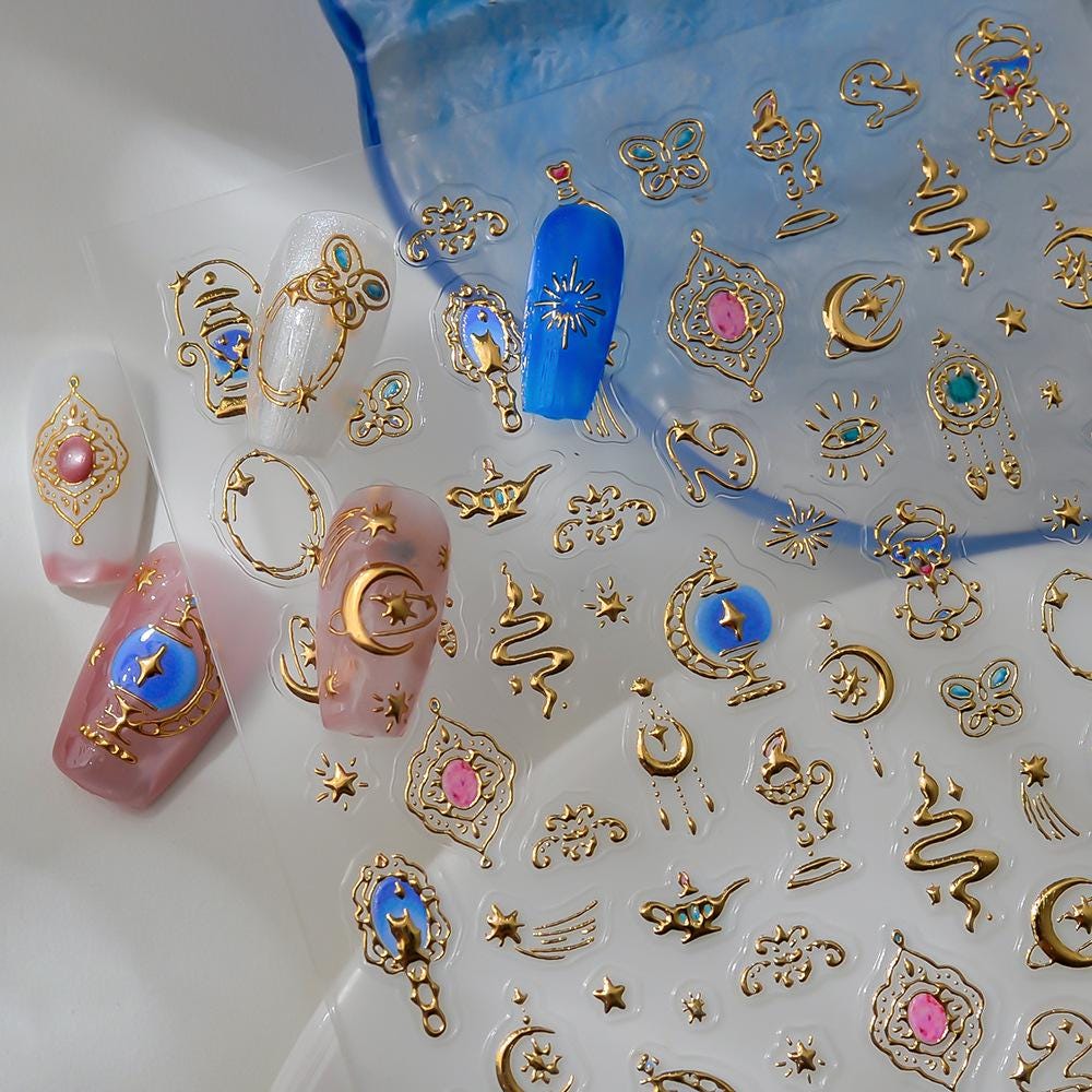 Mystic Gold & Silver Nail Art Stickers: Celestial Snake, Moon, Stars