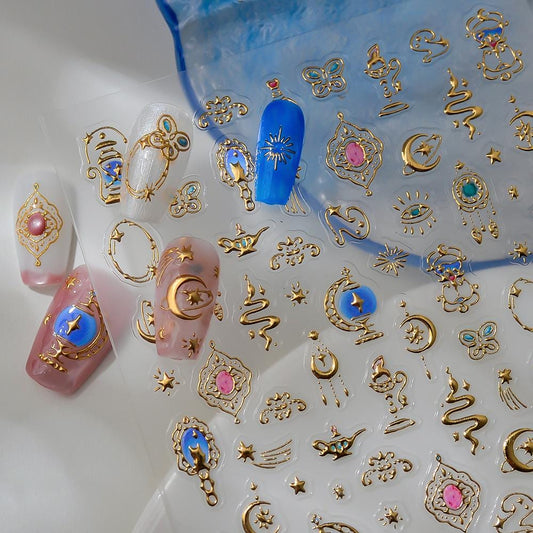Mystic Gold & Silver Nail Art Stickers: Celestial Snake, Moon, Stars