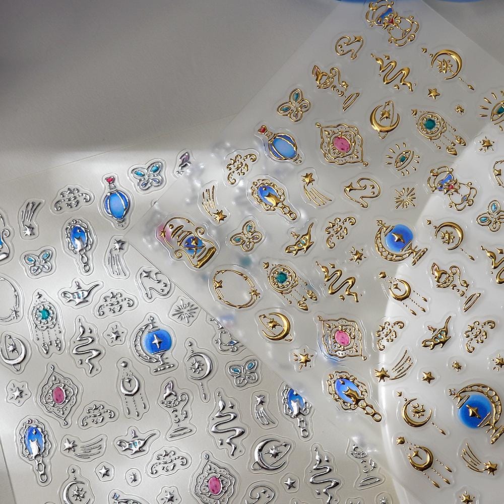 Mystic Gold & Silver Nail Art Stickers: Celestial Snake, Moon, Stars