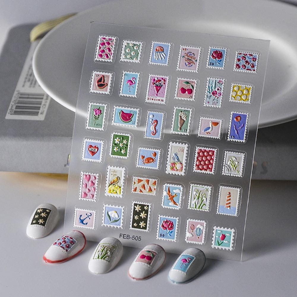 3D Embossed Nail Stickers: Vintage Floral Postage Stamp Style