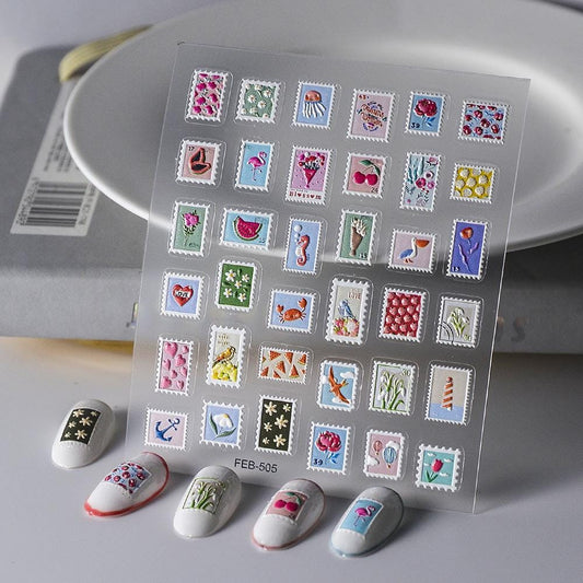 3D Embossed Nail Stickers: Vintage Floral Postage Stamp Style