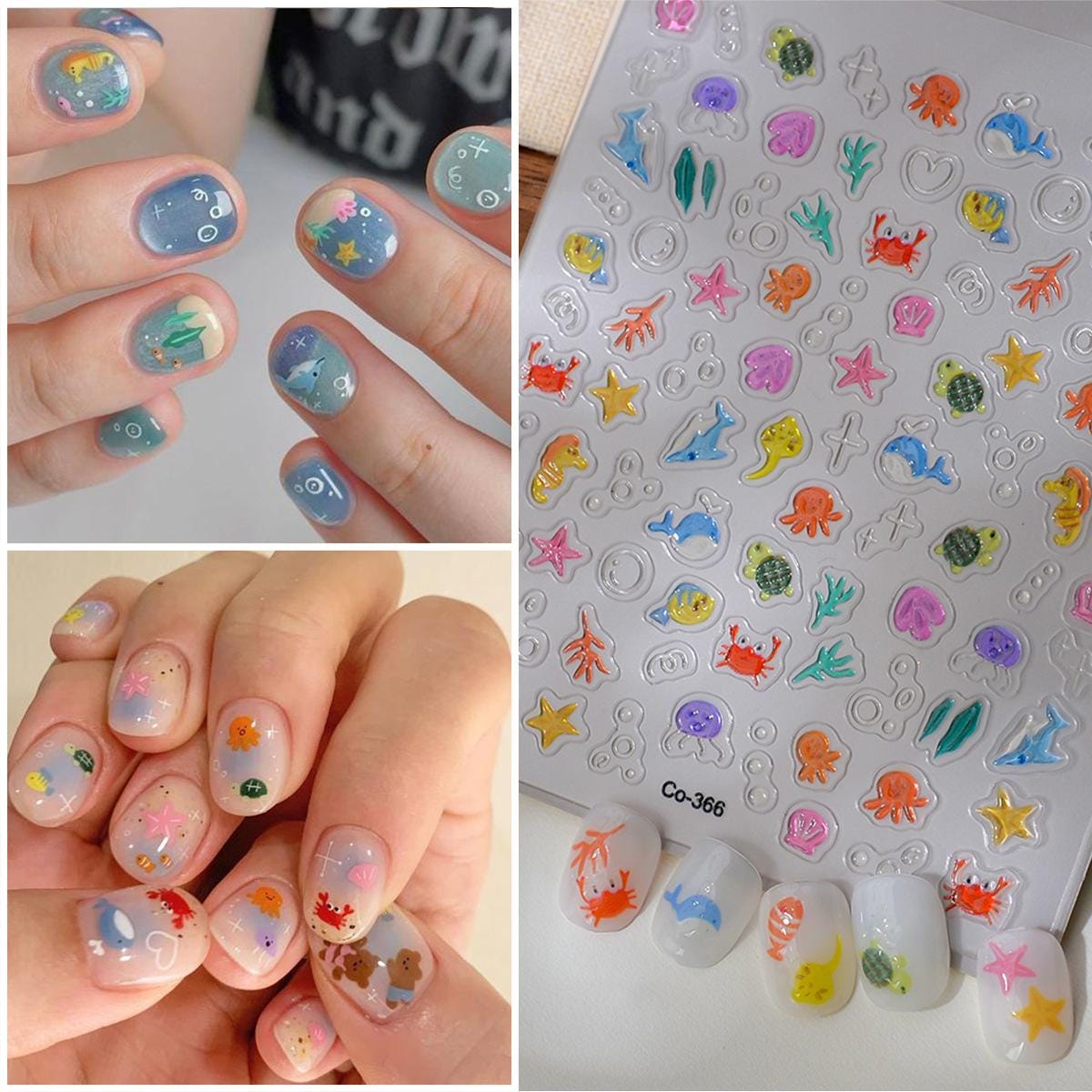 3D Y2K Nail Stickers: Funky Jelly Fish, Bear & Heart Shapes