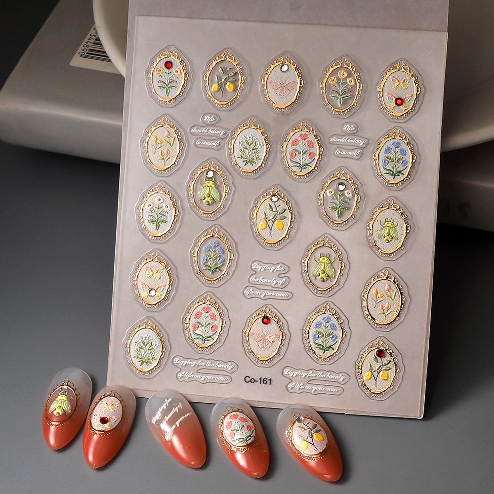Gold Frame Floral Nail Stickers: Vintage Bouquet Nail Art Decals