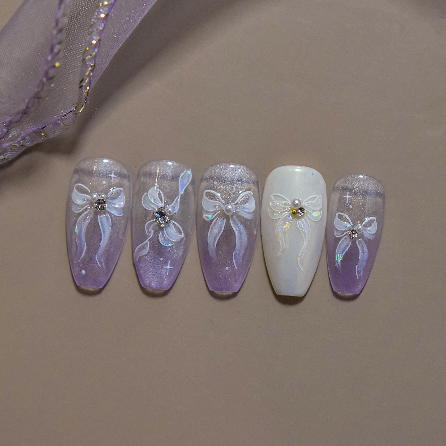 3D Iridescent Butterfly Bow Nail Art Stickers: White Ribbon Decals