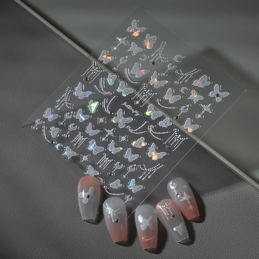 3D Iridescent Butterfly Bow Nail Art Stickers: White Ribbon Decals
