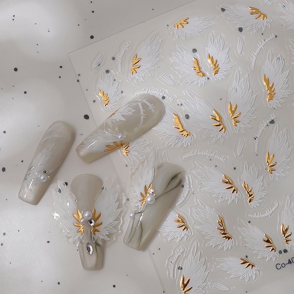 3D Angel Wing Nail Stickers: Gold Foil Feather Decals