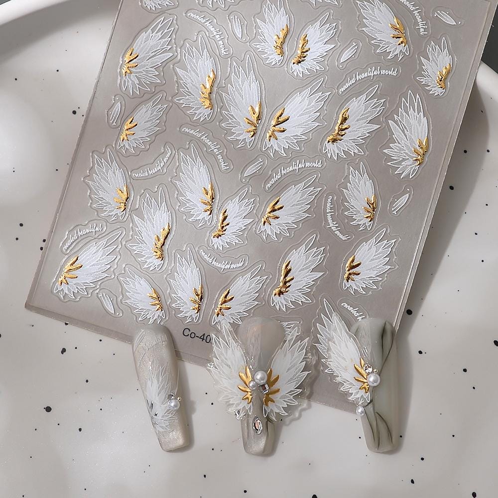 3D Angel Wing Nail Stickers: Gold Foil Feather Decals