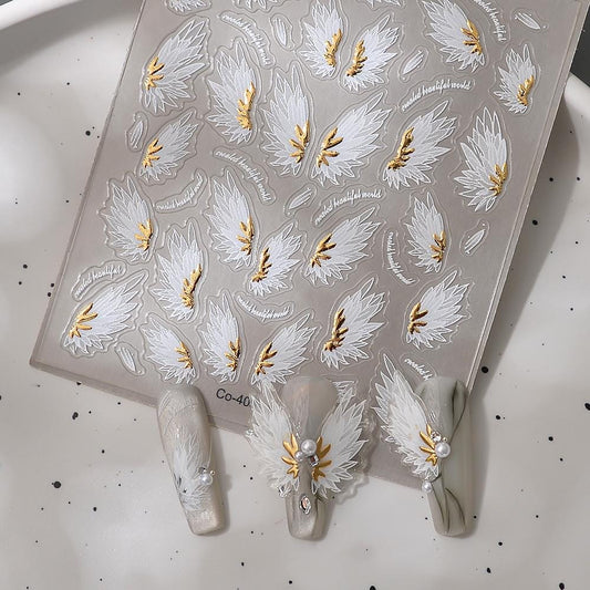3D Angel Wing Nail Stickers: Gold Foil Feather Decals