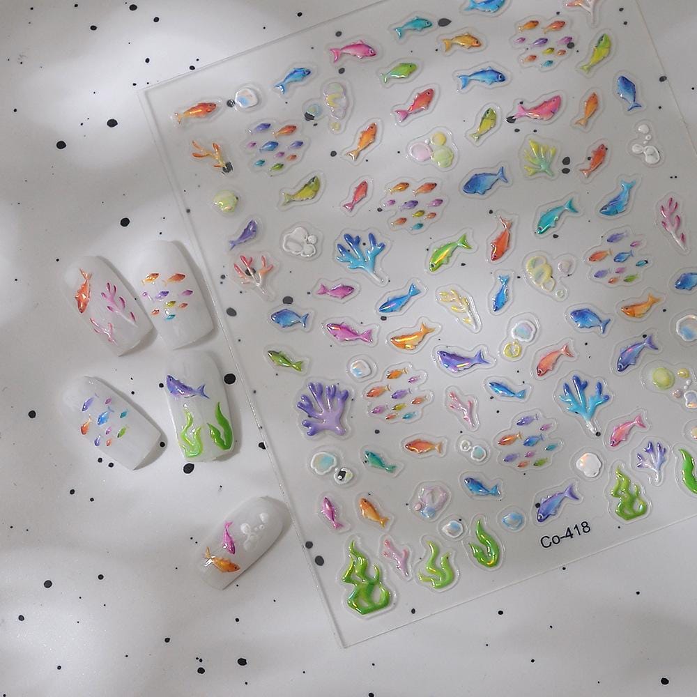 Iridescent Goldfish Nail Stickers: 3D Jelly Coral Sea Nail Art
