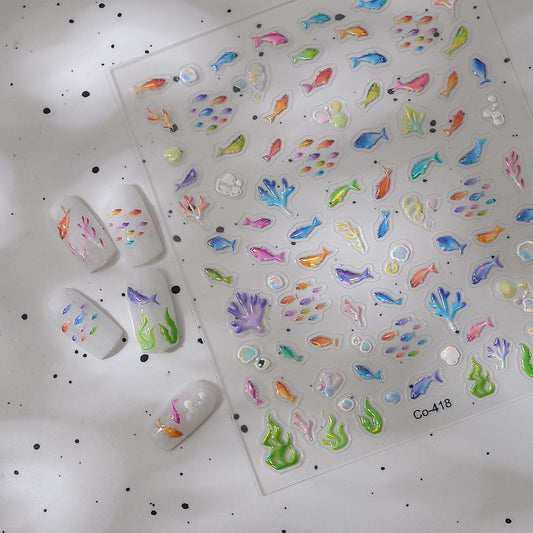 Iridescent Goldfish Nail Stickers: 3D Jelly Coral Sea Nail Art