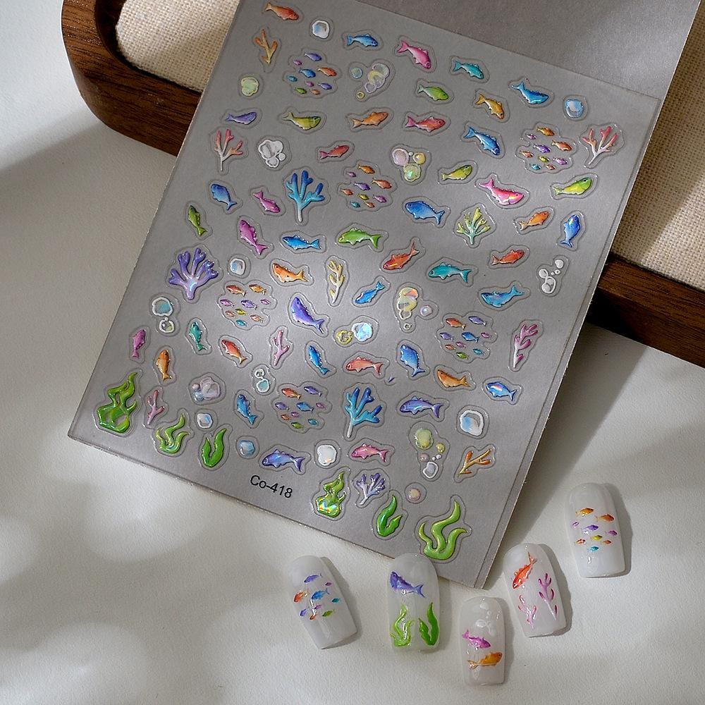 Iridescent Goldfish Nail Stickers: 3D Jelly Coral Sea Nail Art