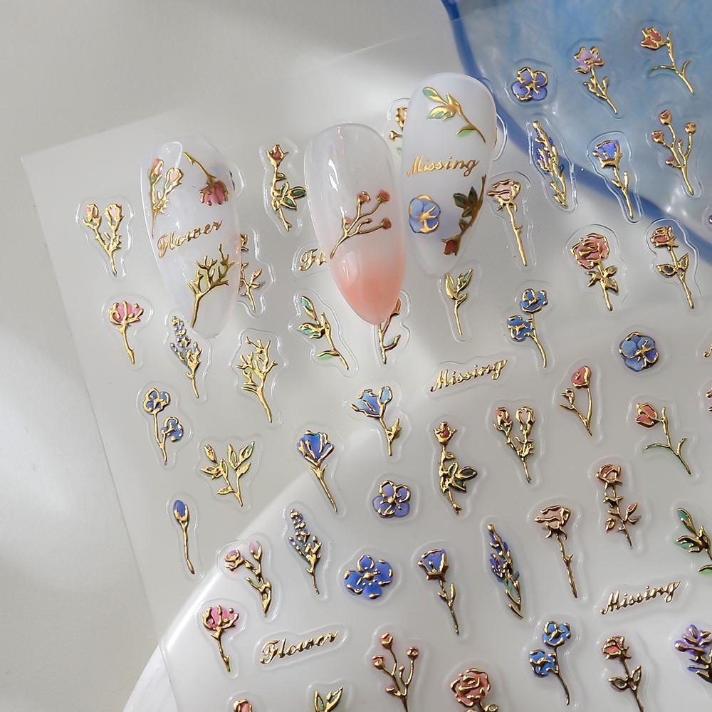 Gold Frame Floral Nail Stickers: Vintage Bouquet Nail Art Decals