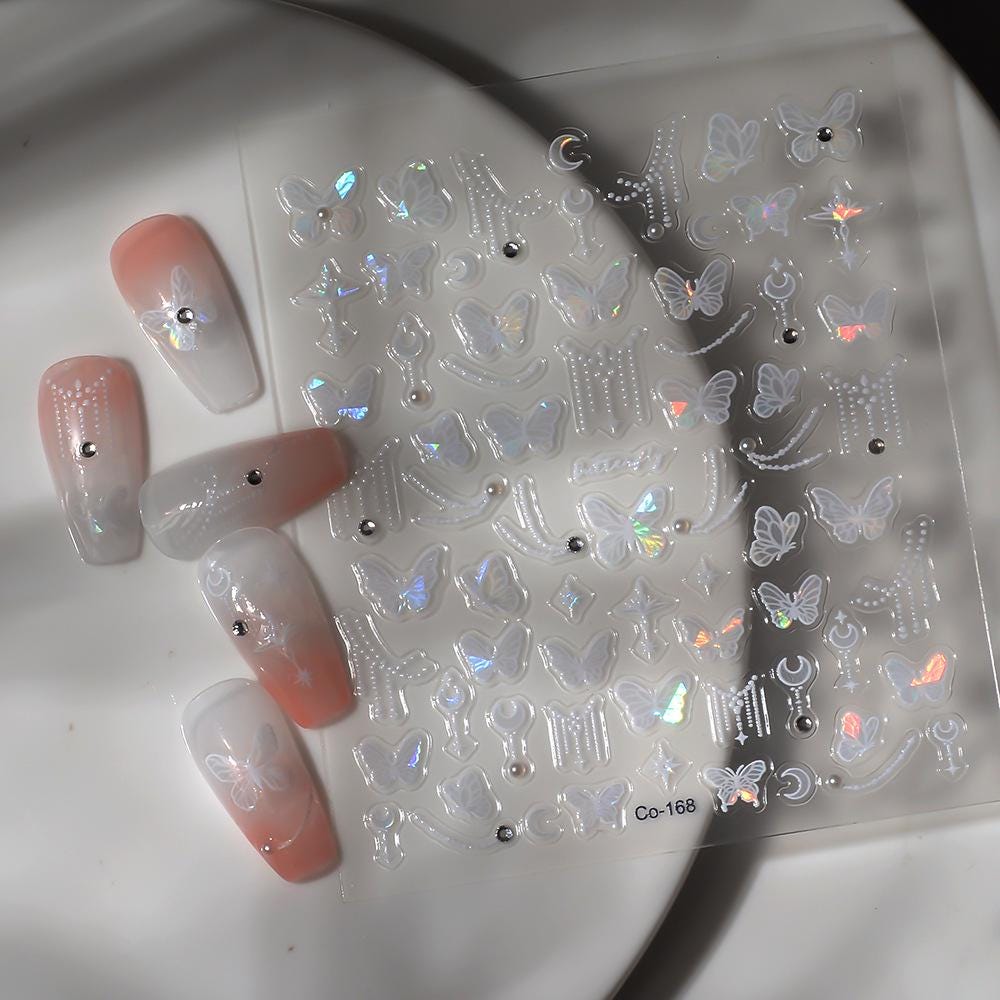 3D Iridescent Butterfly Bow Nail Art Stickers: White Ribbon Decals