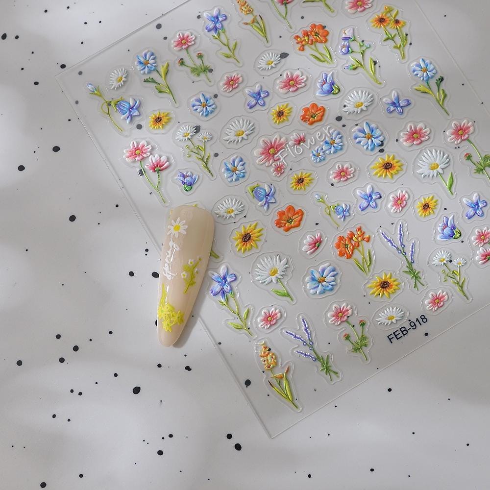 5D Embossed Daisy Nail Stickers: Iridescent Floral Spring Summer Manicure