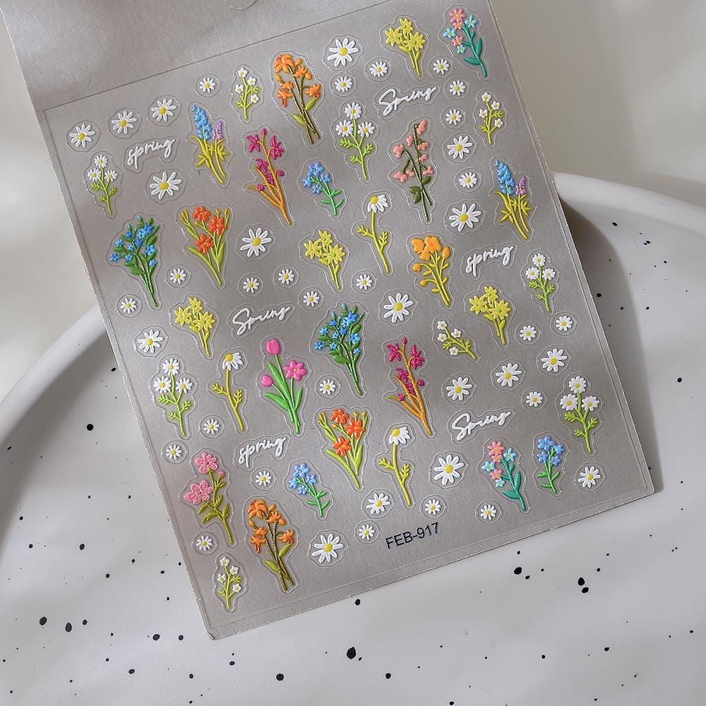 5D Embossed Daisy Nail Stickers: Iridescent Floral Spring Summer Manicure