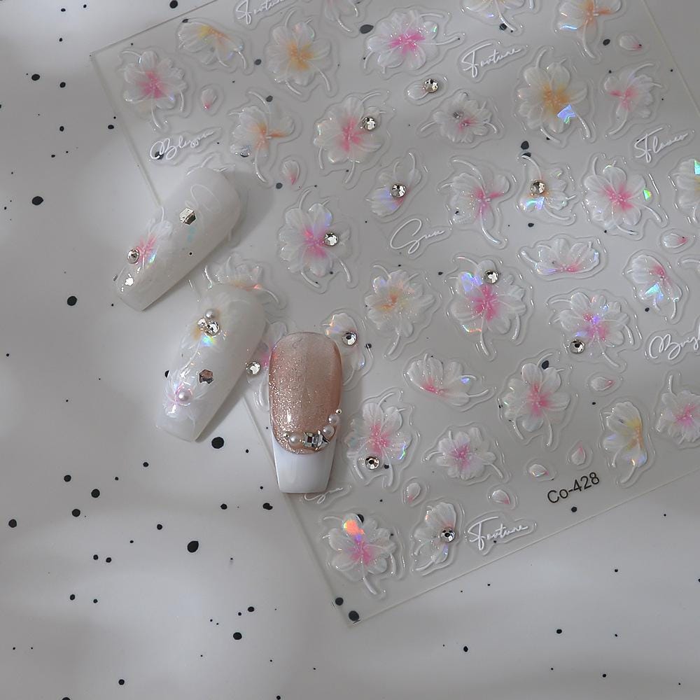 3D Sakura Pearl Nail Stickers: Embossed Cherry Blossom Decals
