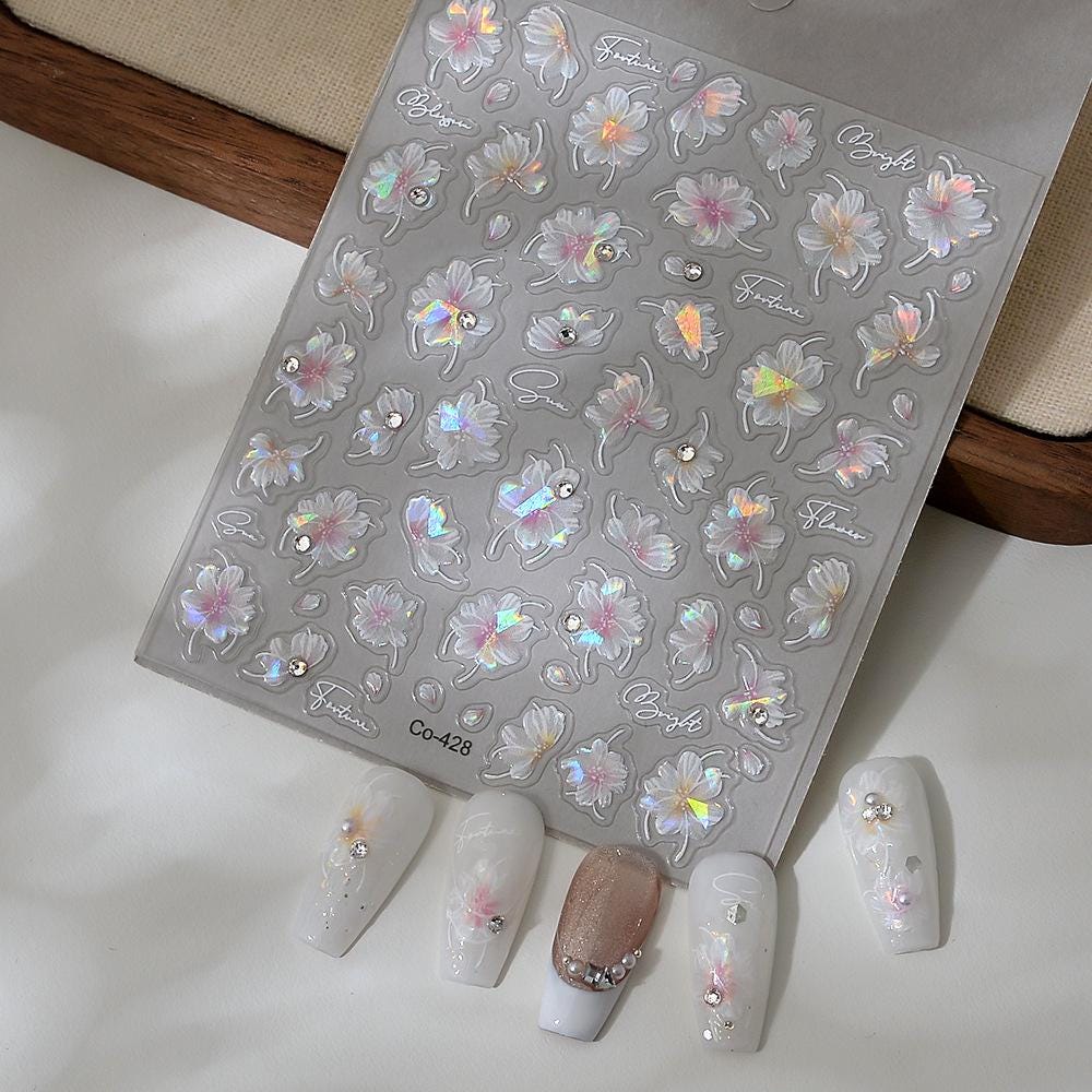 3D Sakura Pearl Nail Stickers: Embossed Cherry Blossom Decals