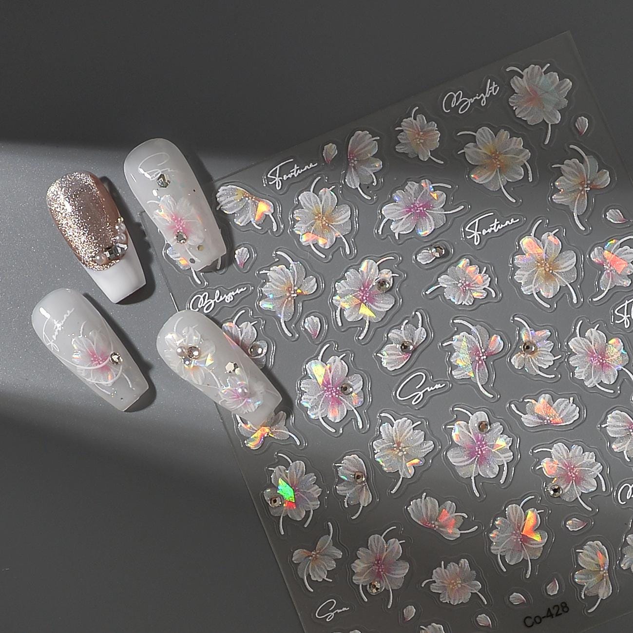3D Sakura Pearl Nail Stickers: Embossed Cherry Blossom Decals