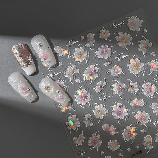 3D Sakura Pearl Nail Stickers: Embossed Cherry Blossom Decals