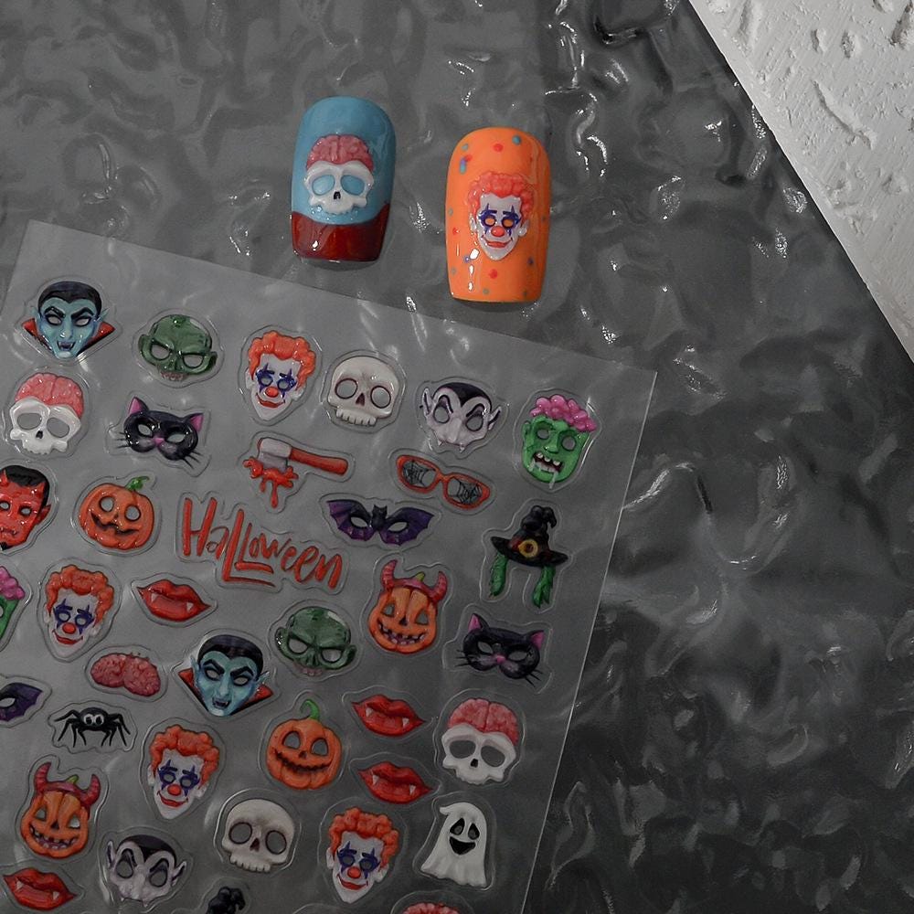 3D Halloween Nail Stickers: Spooky Gothic Decals - Skulls, Vampires, Witches