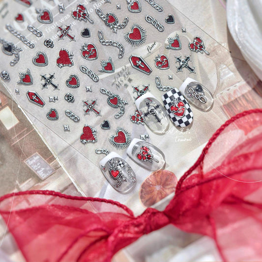 Gothic Nail Art Stickers: Red, Pink, Silver Foil - Cross, Heart, Skull