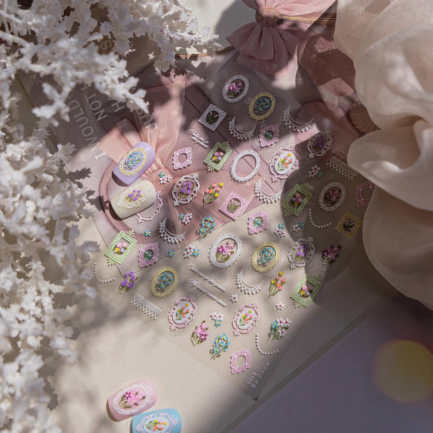 Lily of the Valley 3D Nail Decals: Vintage Frame Embossed Stickers