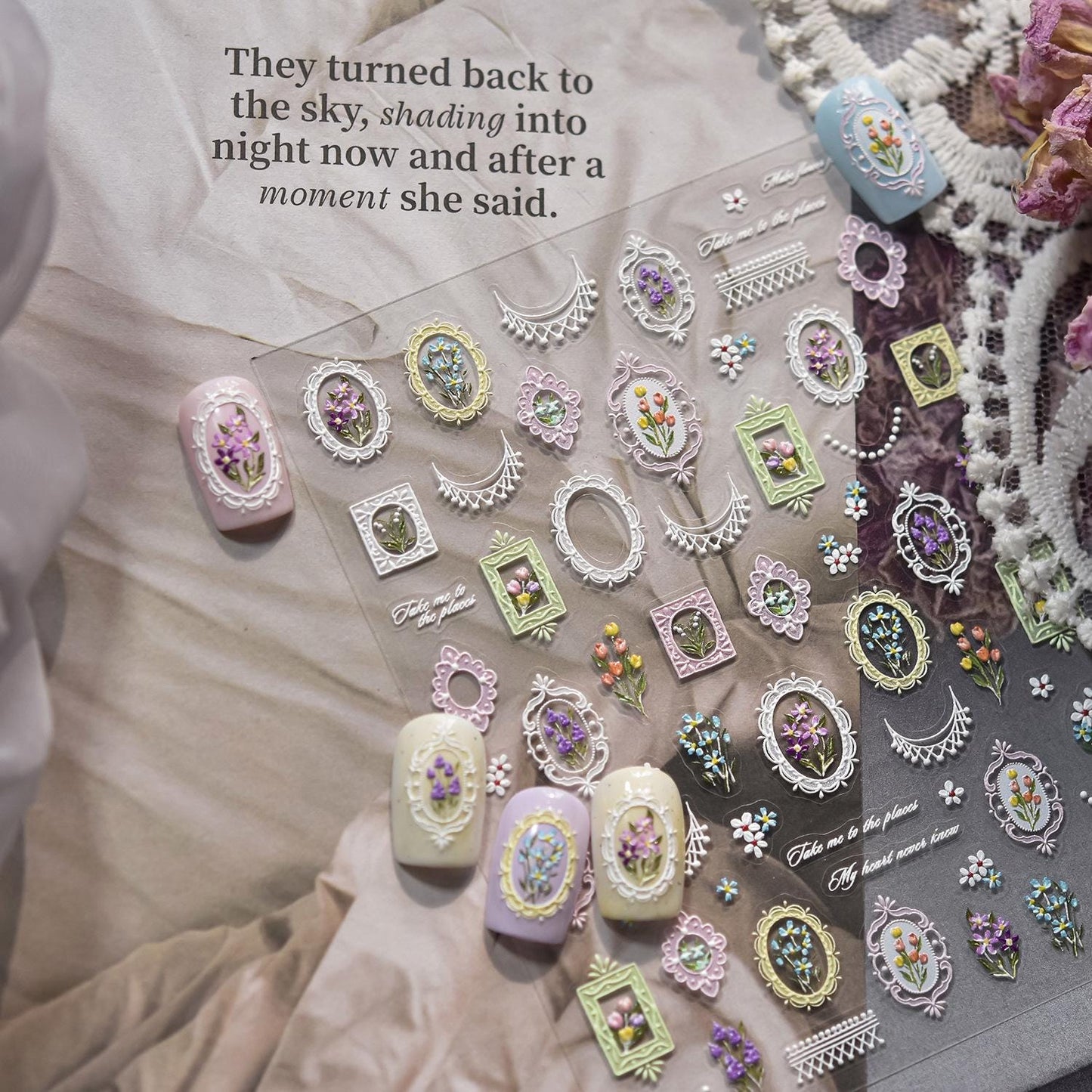 Lily of the Valley 3D Nail Decals: Vintage Frame Embossed Stickers